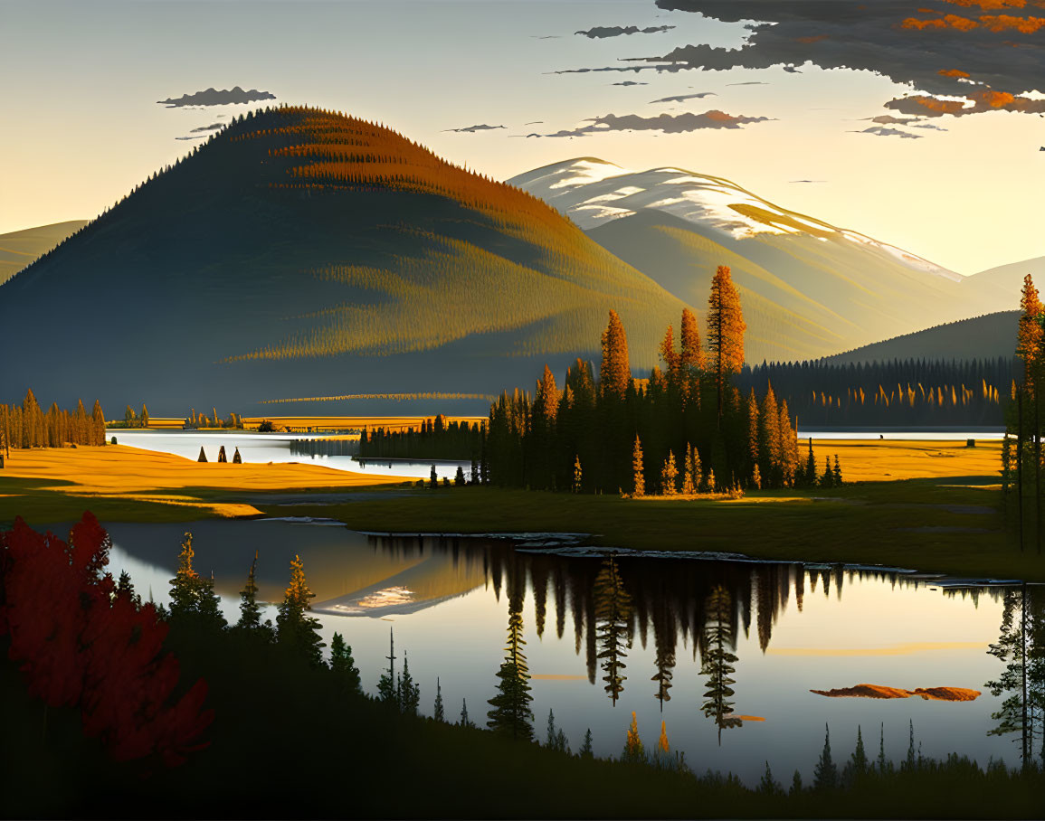 Tranquil sunset landscape with rolling hills, pine forests, and calm lake