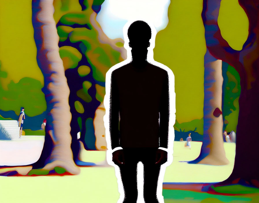 Silhouette of person in abstract, colorful park with distorted shapes