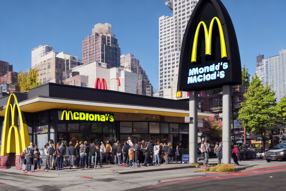 Urban McDonald's with crowded outdoor seating and skyscrapers backdrop