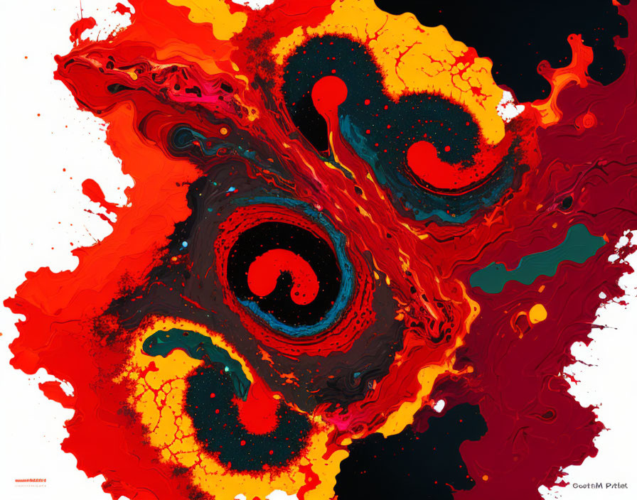 Colorful Abstract Painting: Red, Black, Yellow Swirls