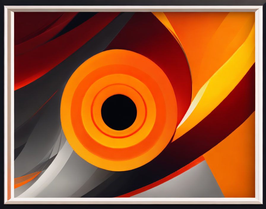 Abstract black, orange, and white swirl in circular void frame