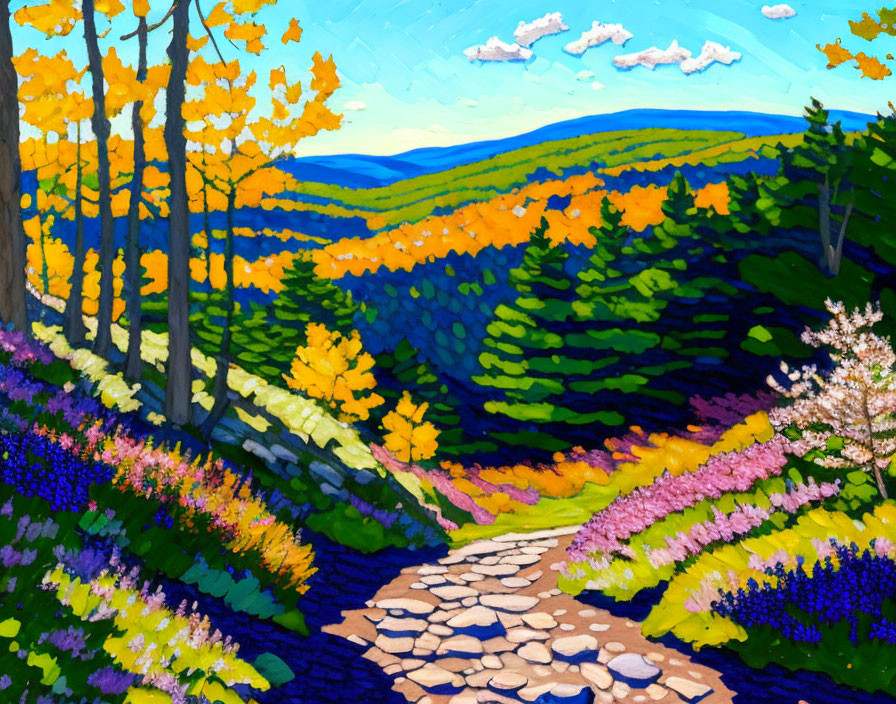 Colorful autumn forest pathway painting with rolling hills and blue sky