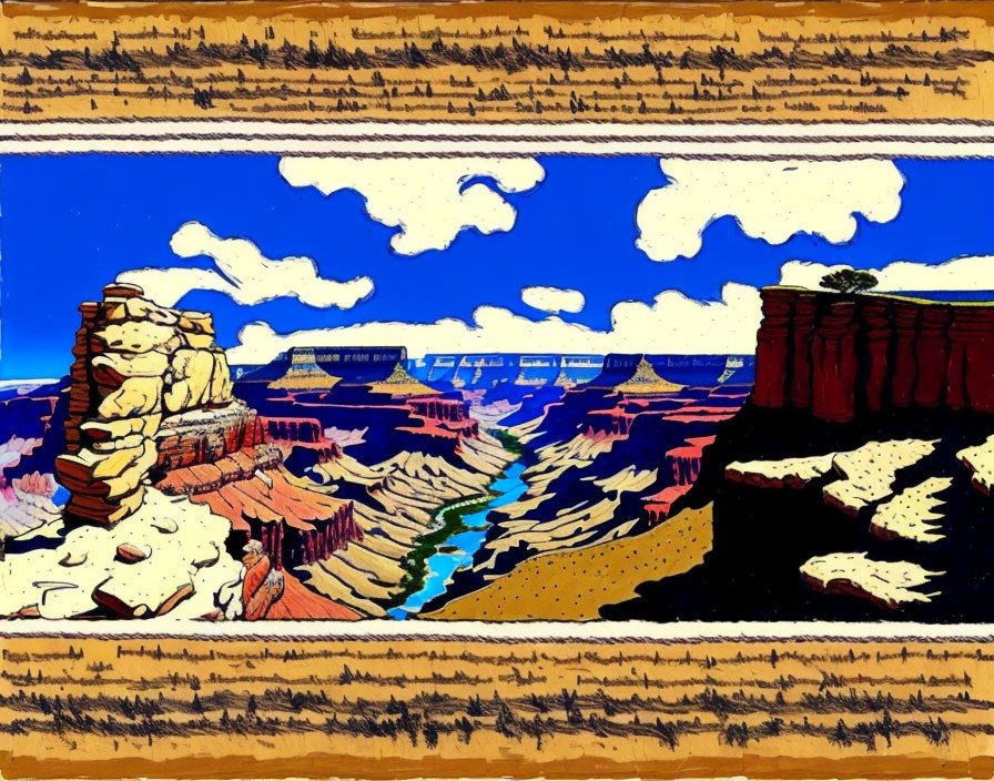 Colorful illustration of Grand Canyon rock formations, river, and sky.