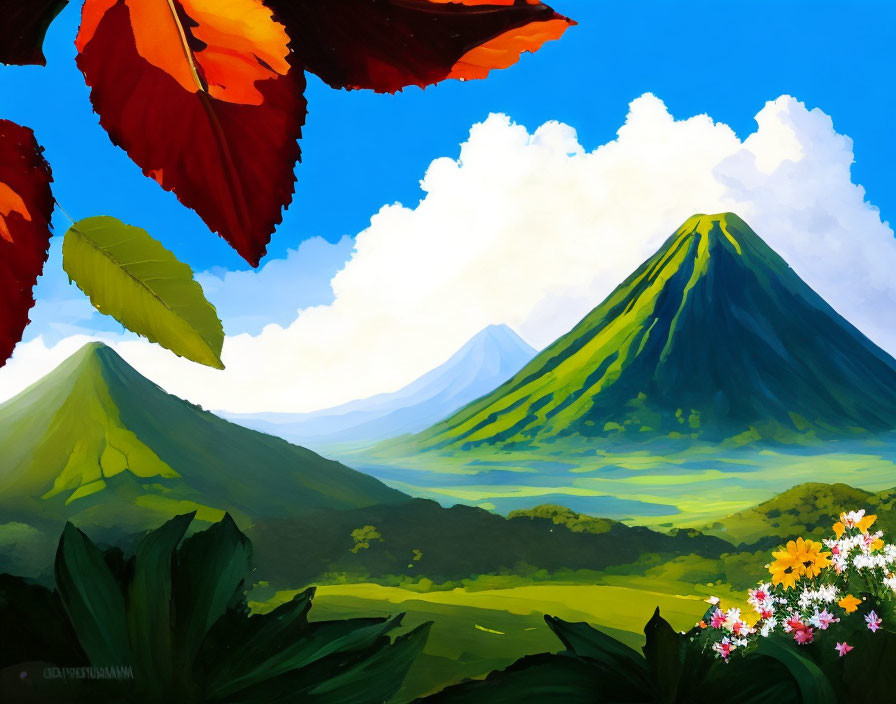 Colorful mountain landscape with flowers under blue skies