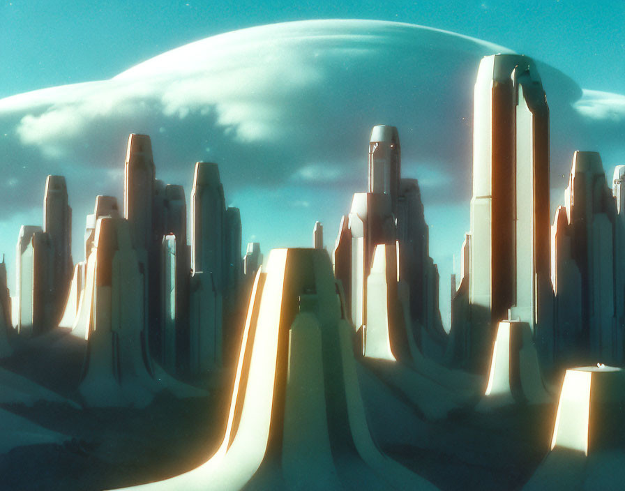 Futuristic cityscape with tall cylindrical skyscrapers at dawn or dusk