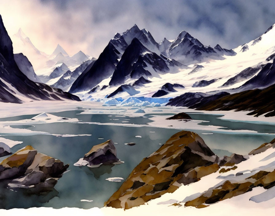 Serene Mountainous Landscape with Snowy Peaks and Glacier