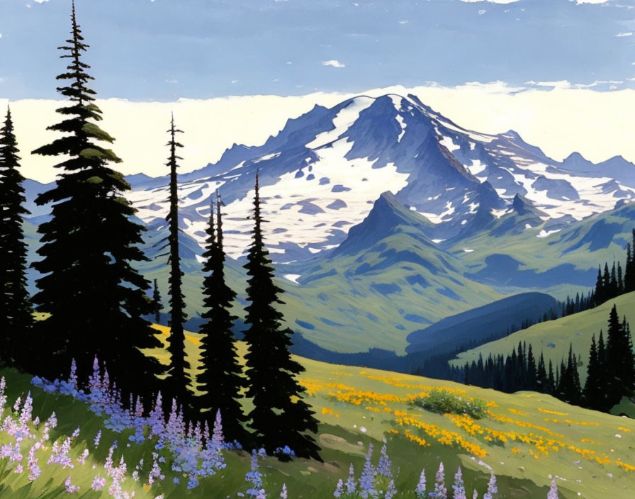 Mountain landscape painting with green hills, wildflowers, and pine trees under blue sky