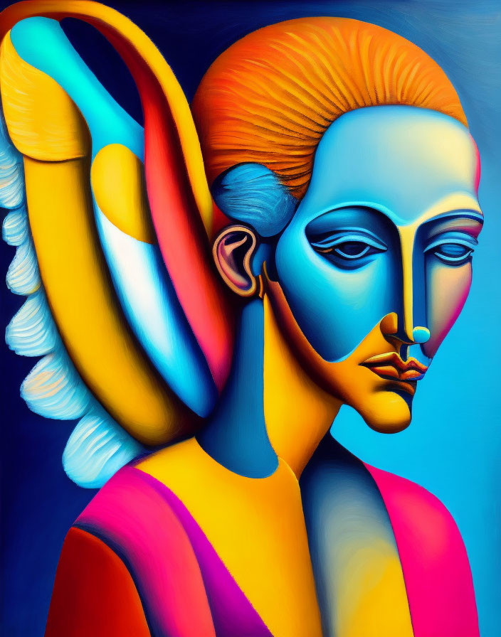 Colorful Surrealist Painting of Human-Like Figure with Multicolored Face