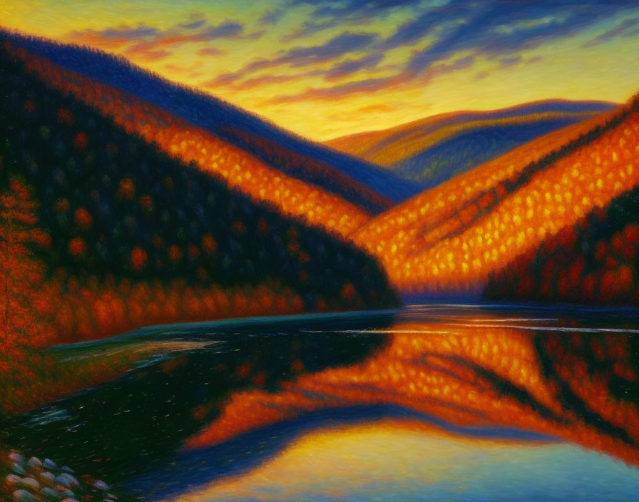 Scenic sunset painting with river, hills, and autumn trees.