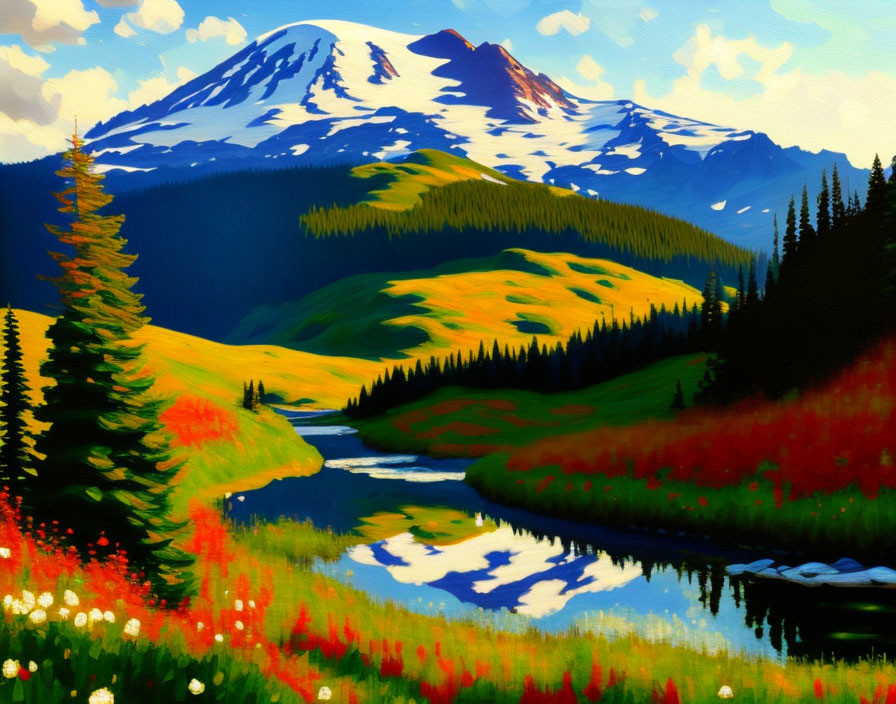 Vibrant painting of snow-capped mountains, river, pine trees, and wildflower meadow