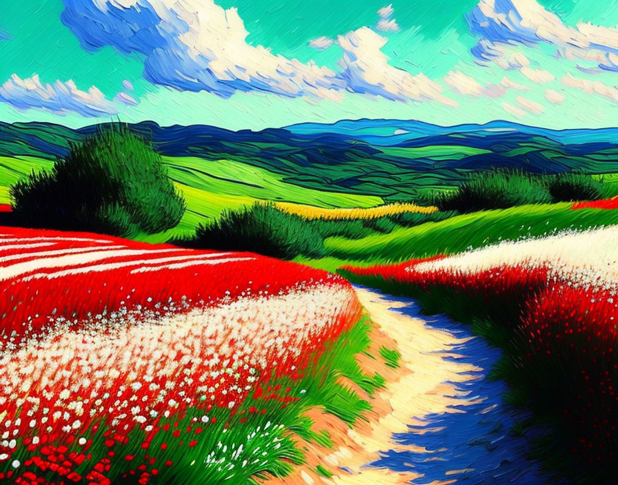 Colorful Impressionist Painting of Rural Landscape with Flower Fields