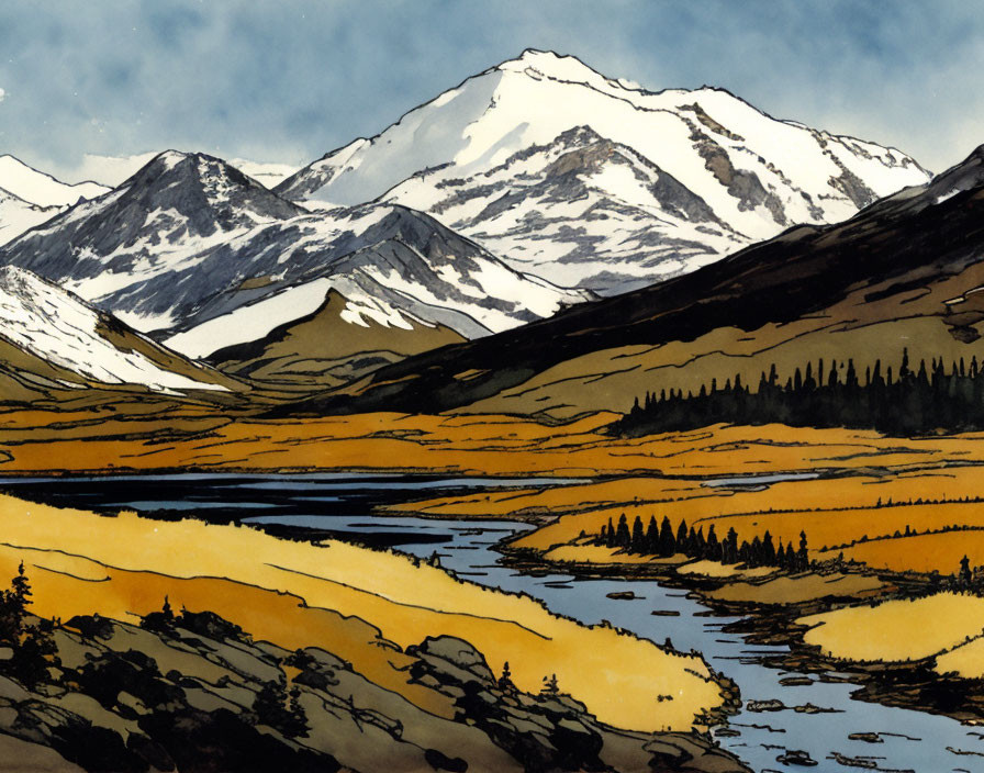 Mountainous Landscape with Snow-Capped Peaks and River in Stylized Illustration