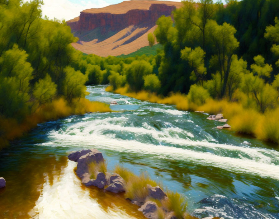 Scenic river landscape with lush greenery and red mesa