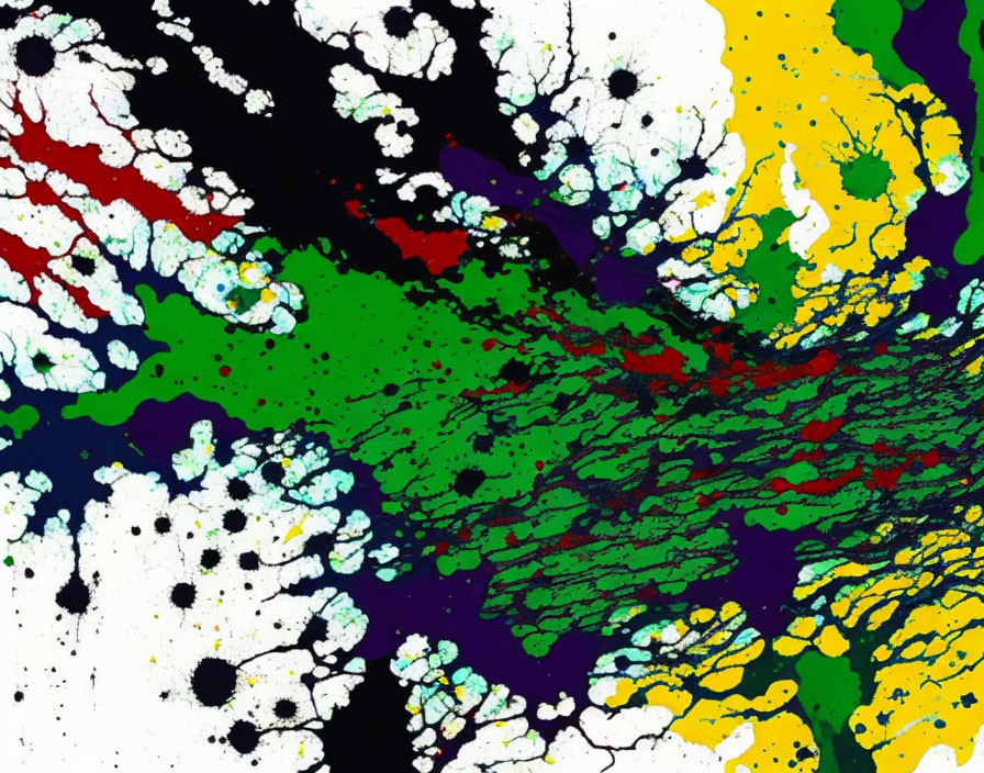 Vibrant abstract splatter painting in yellow, green, black, white, and red.