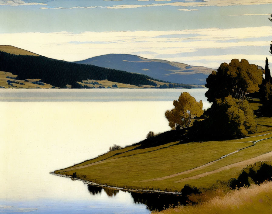 Tranquil lake landscape with rolling hills and clear sky