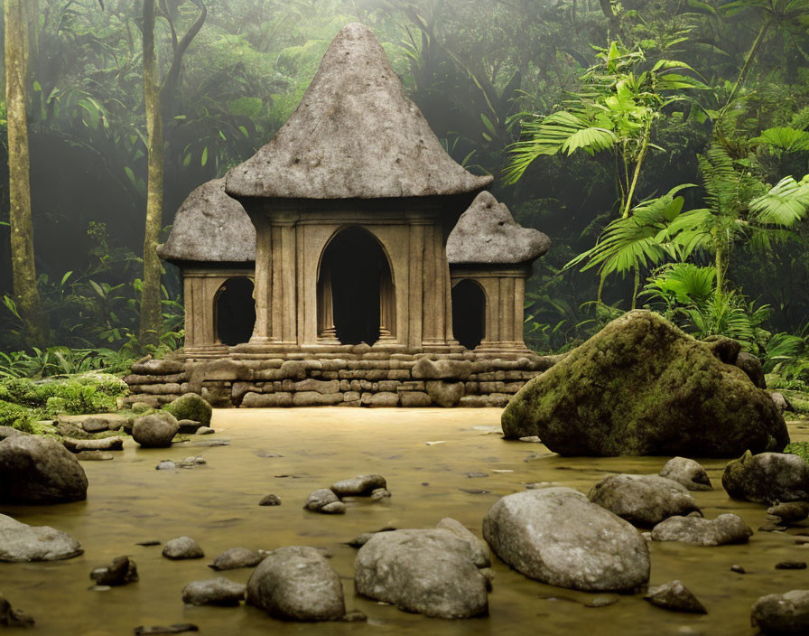 Ancient temple in lush forest with stream and foggy atmosphere