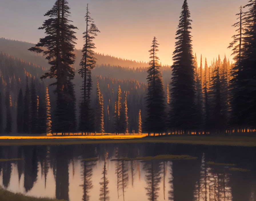 Serene lake scene: warm light, pine tree silhouettes, hazy orange sky