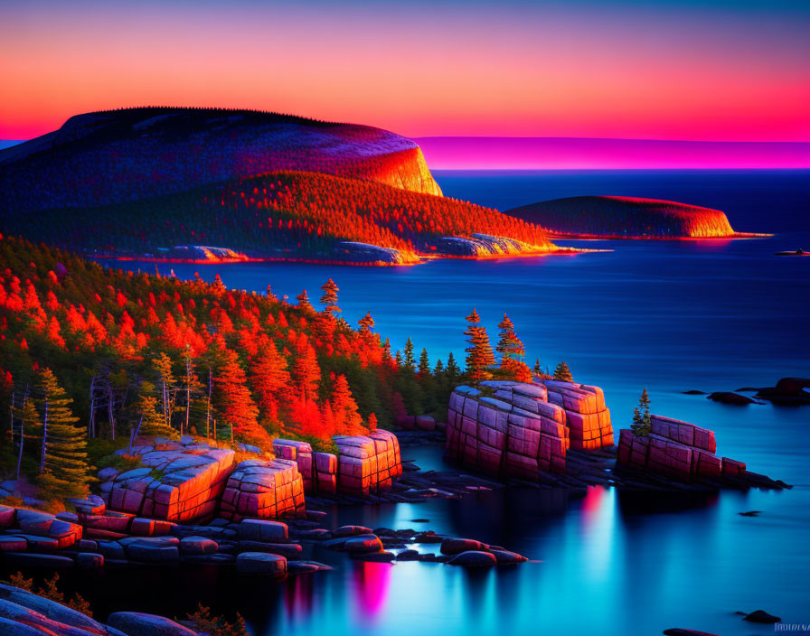 Scenic coastal sunset with purple and orange skies over rocky shores