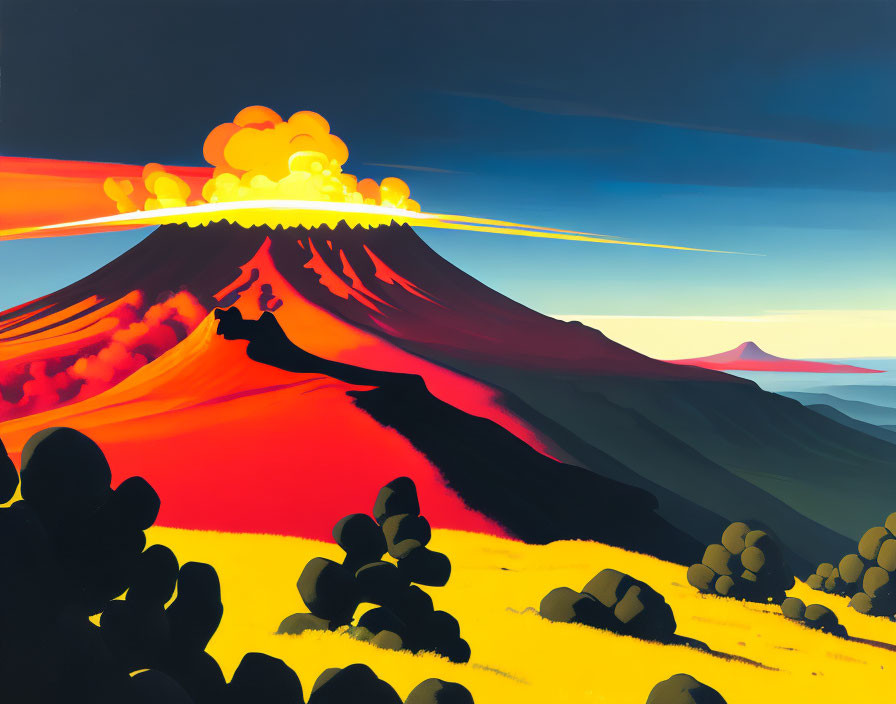 Vibrant volcanic eruption illustration with lava flows and ash cloud