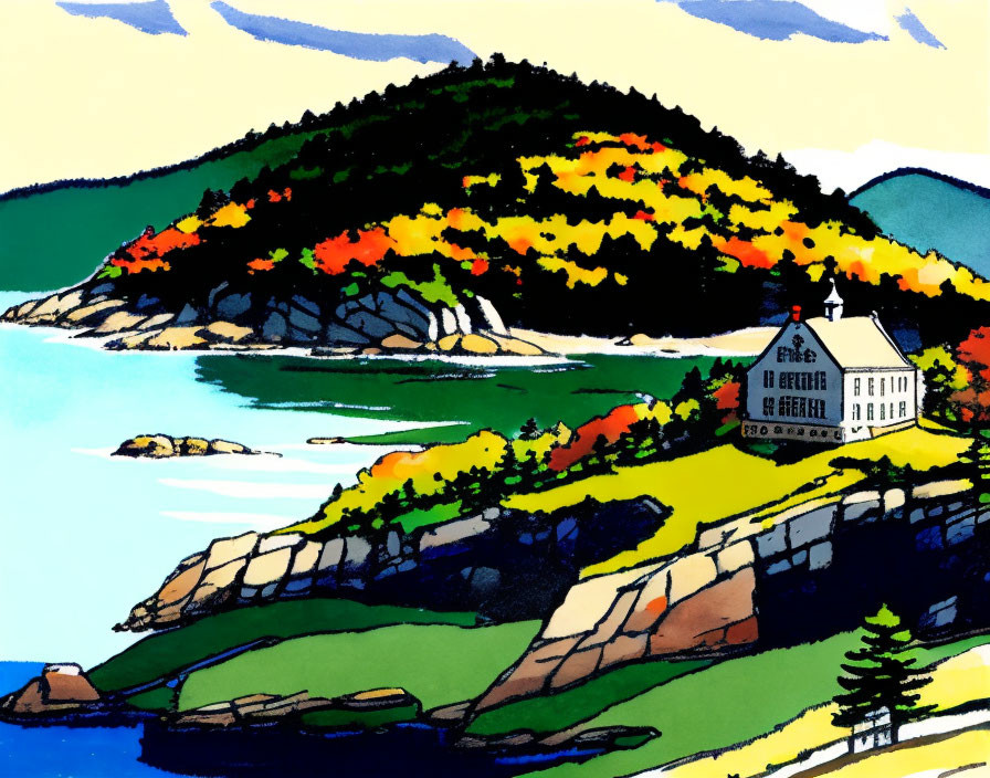 Vibrant coastal scene with white house, autumn foliage, and rocky bay