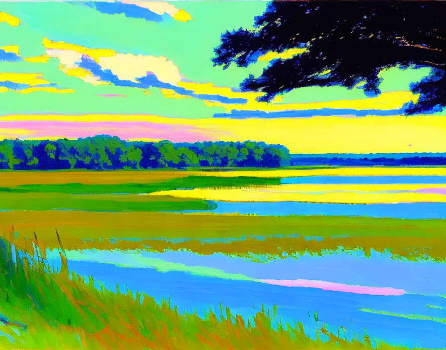 Colorful landscape painting: serene lake, lush greenery, colorful sky, reflections, silhouet