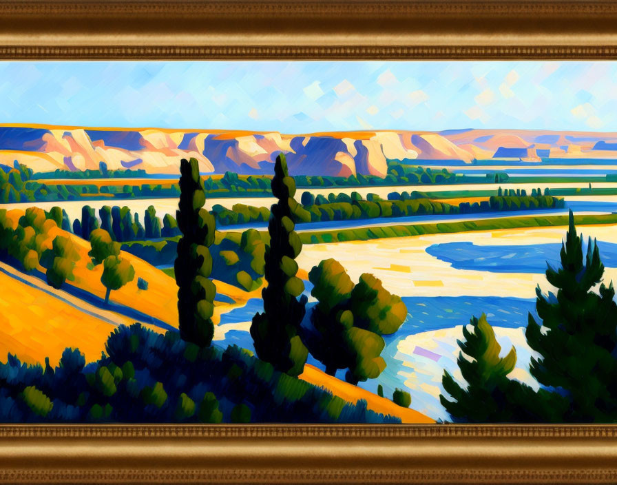 Colorful Post-Impressionist River Landscape in Gold Frame