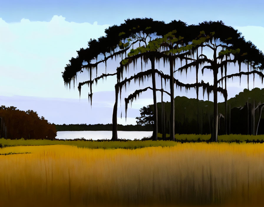 Serene landscape digital painting with tall trees and Spanish moss by calm water at dusk