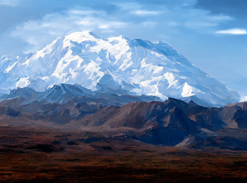 Snow-capped mountain and brown terrain under blue sky