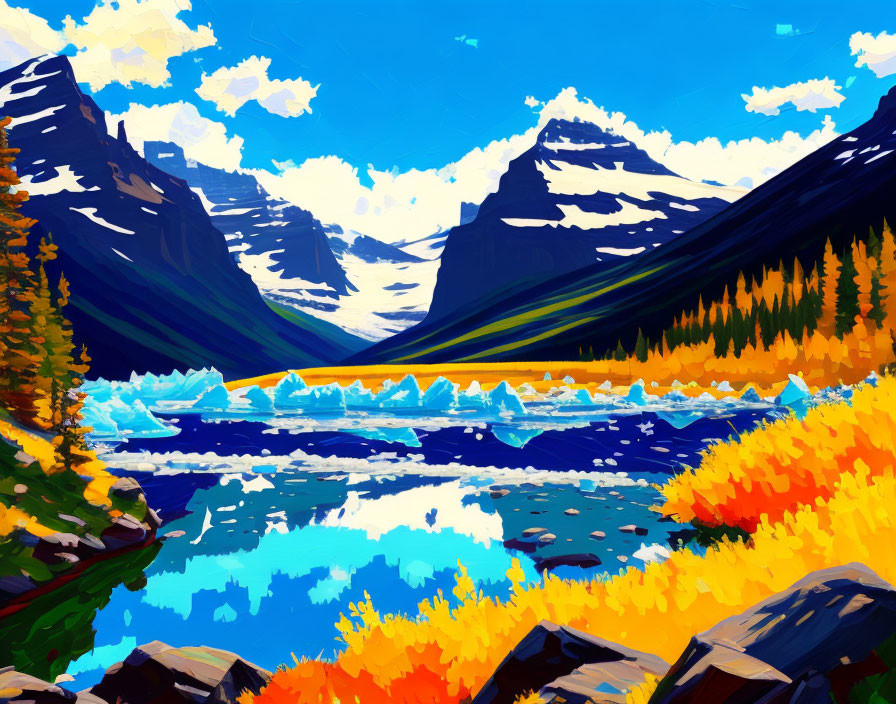 Scenic mountain landscape with autumn trees, icy lake, and snowy peaks