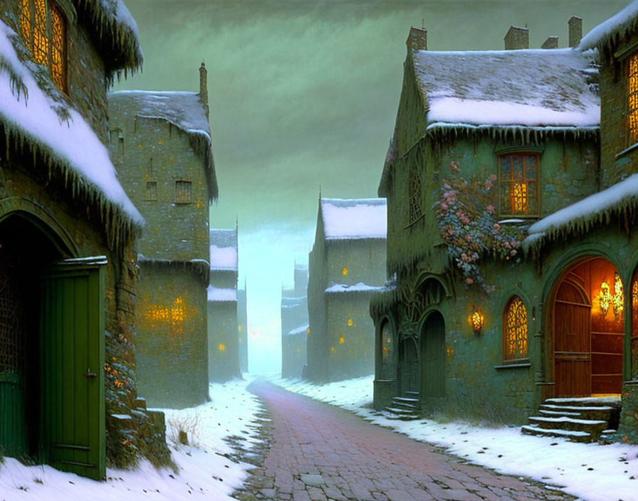 Snow-covered medieval houses in enchanting twilight scene