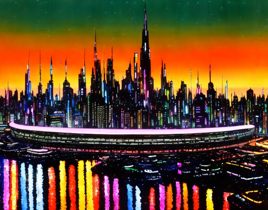 Futuristic cityscape with tall skyscrapers and glowing horizon