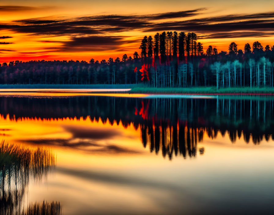 Scenic sunset over calm lake with misty forest silhouette