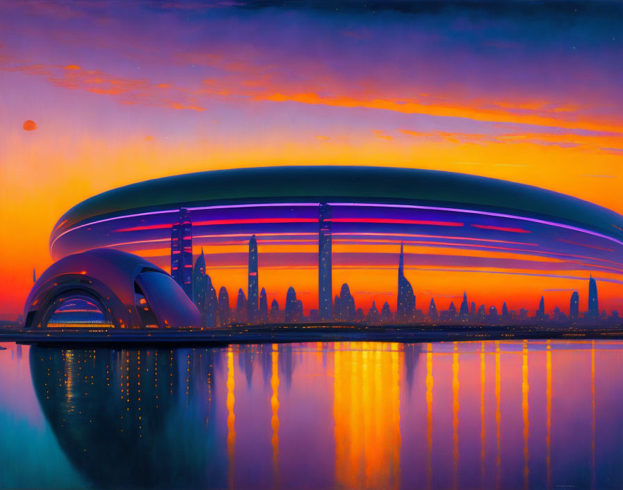 Futuristic cityscape sunset with oval stadium & vibrant sky