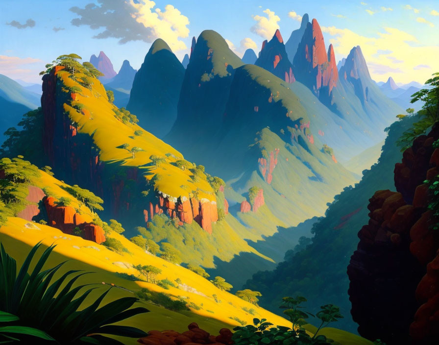 Lush Greenery and Red-Tipped Mountains in Bright Landscape