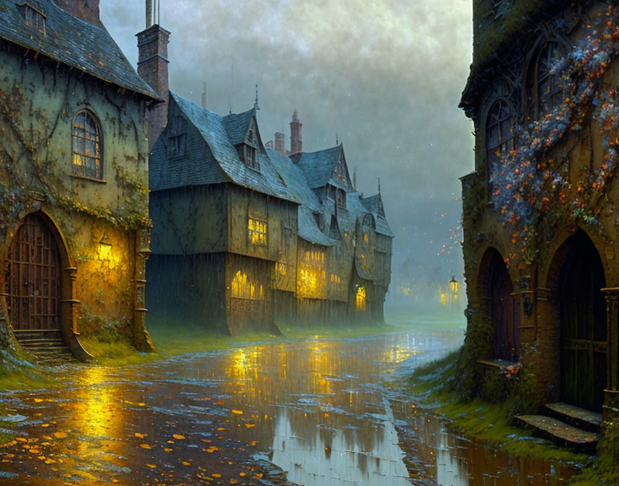 Mystical cobblestone street with old-fashioned houses under dusky sky