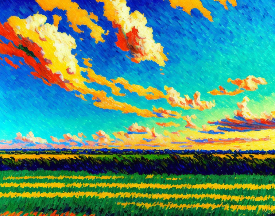 Colorful Impressionistic Landscape Painting with Blue Sky and Swirling Clouds