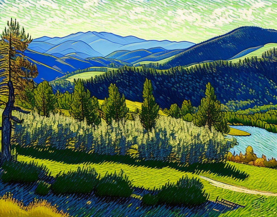 Vibrant landscape painting of green hills, river, and trees in bold brushstrokes