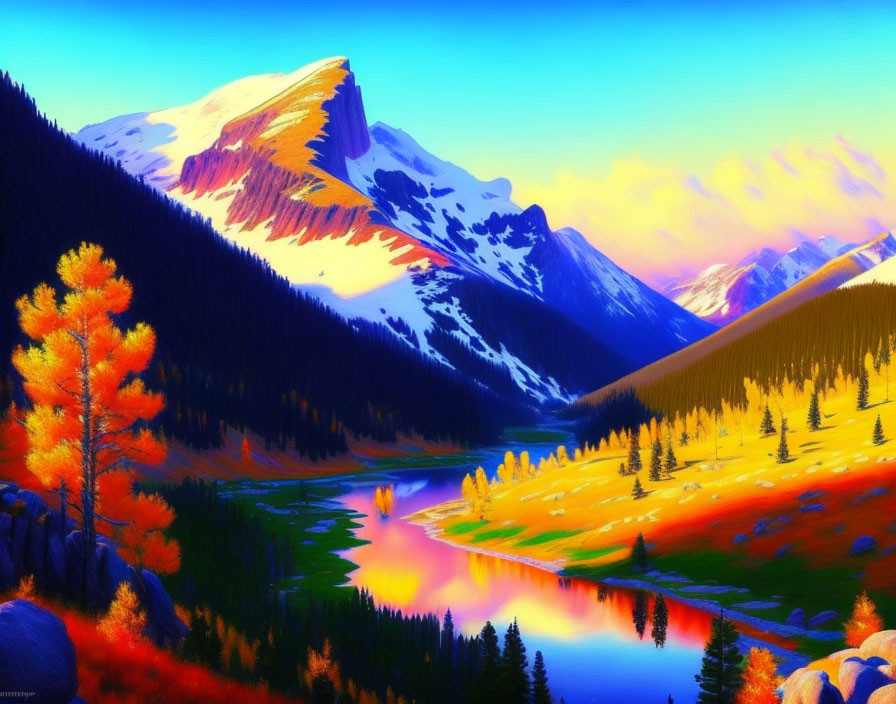 Scenic mountain landscape with autumn trees, reflective river, and setting sun.