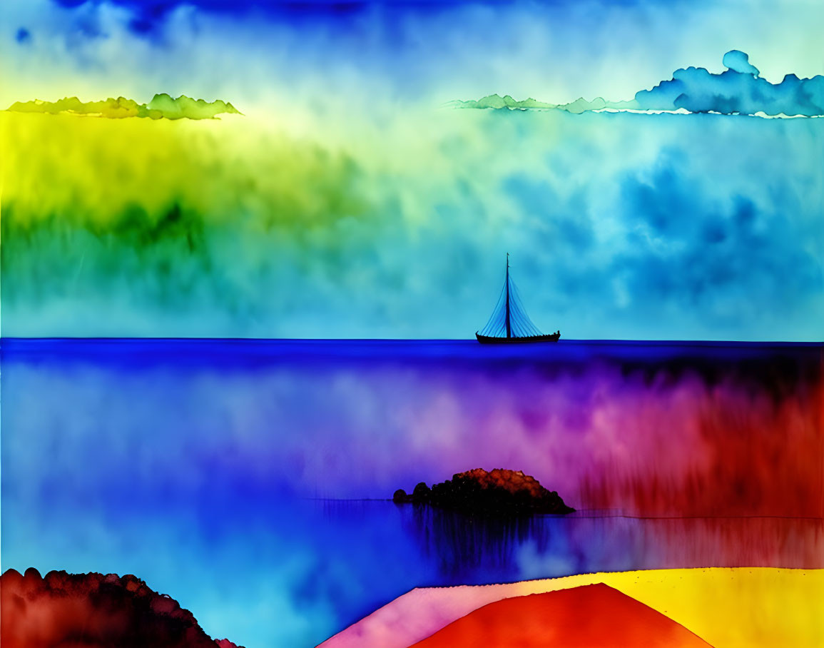 Vibrant Abstract Watercolor Seascape with Sailboat