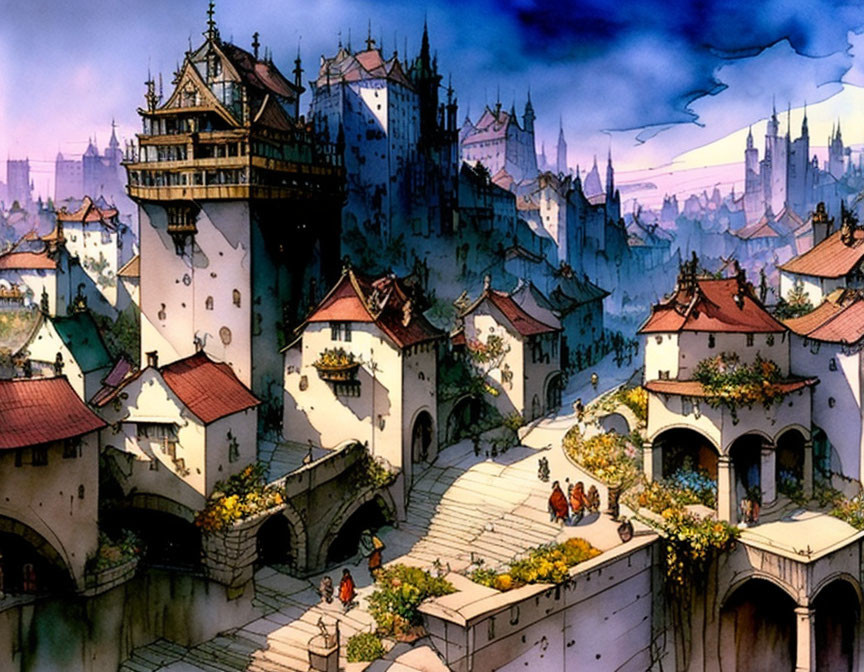 Fantasy artwork: Castle town with medieval architecture and lush greenery at twilight