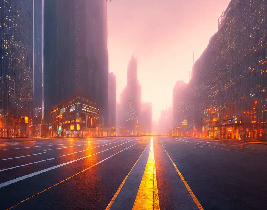 Desolate urban street at sunrise with glowing skyscrapers and warm light.