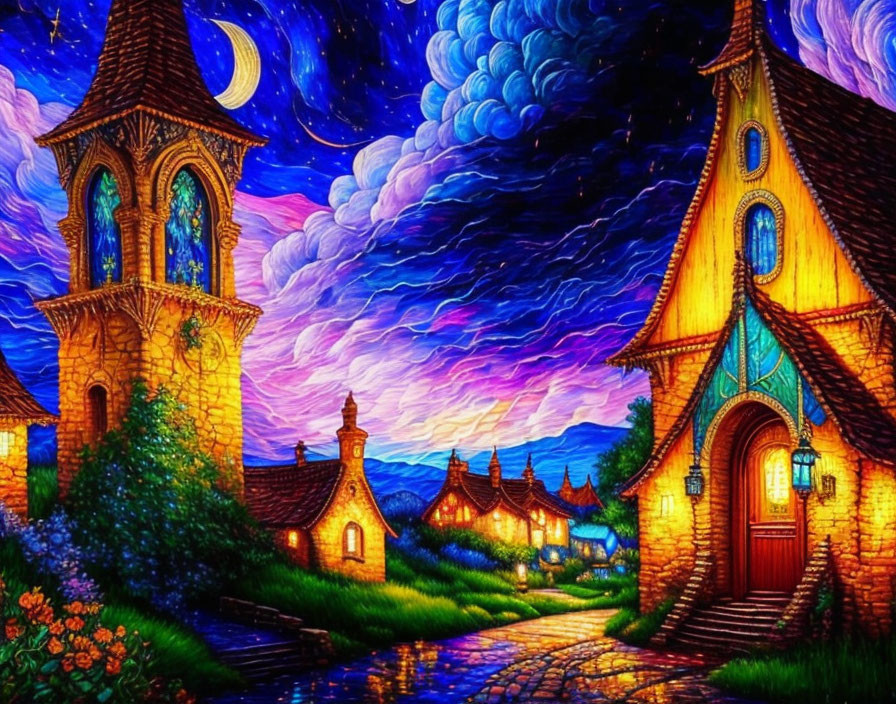 Starry night sky over quaint village with crescent moon