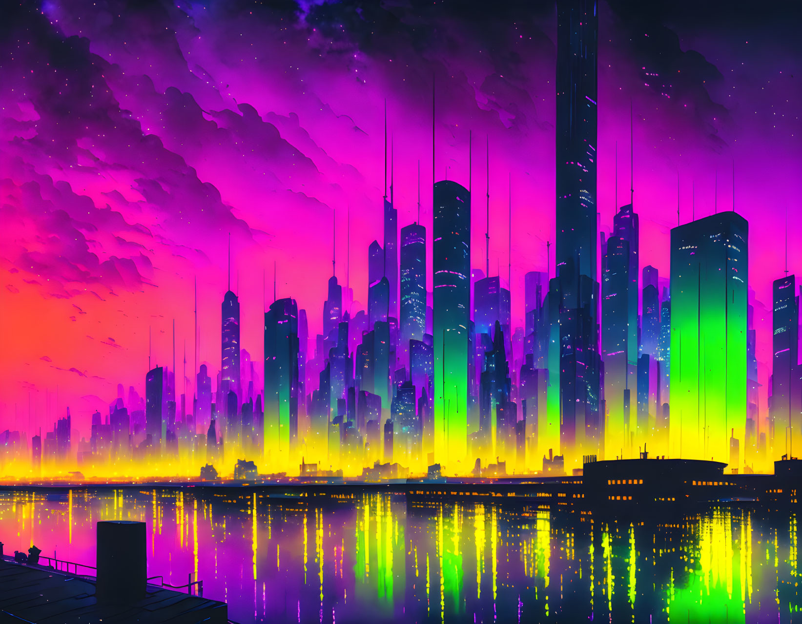 Futuristic cityscape at dusk with neon lights and skyscrapers