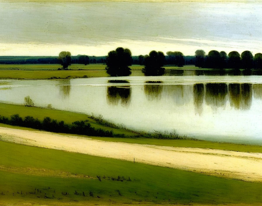 Tranquil landscape featuring reflective river, green fields, and tree line under cloudy sky