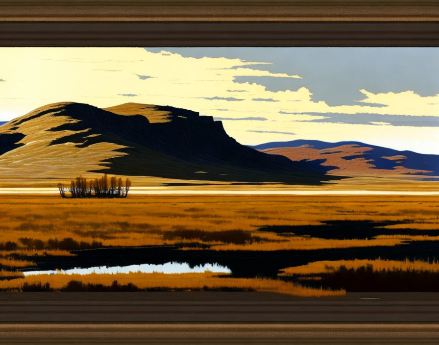 Serene landscape painting with golden field, water, hills, and dramatic sky