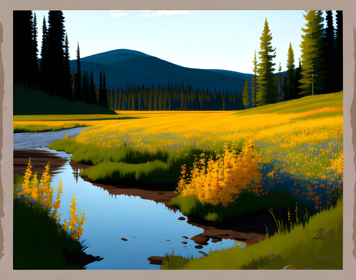 Tranquil landscape with river, wildflowers, and evergreen trees