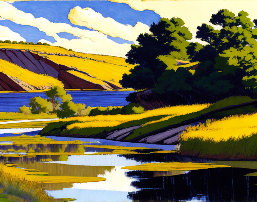 Vibrant riverscape painting with yellow and blue hues, hills, trees, and water reflections