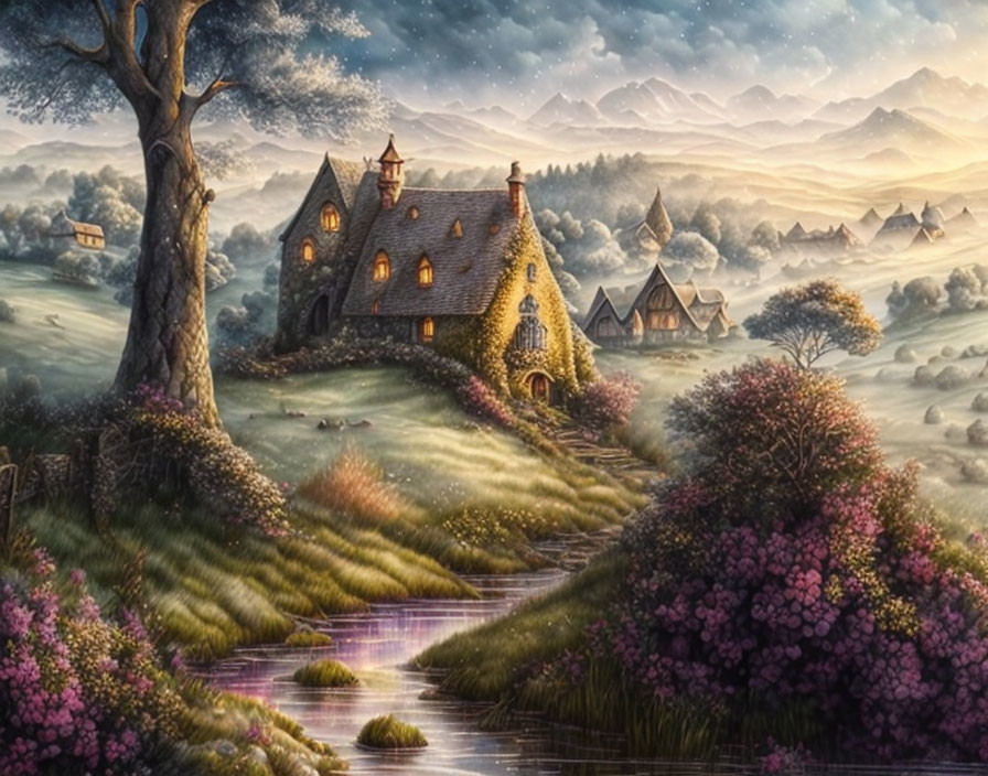 Enchanted cottage with thatched roof in lush hillside at twilight