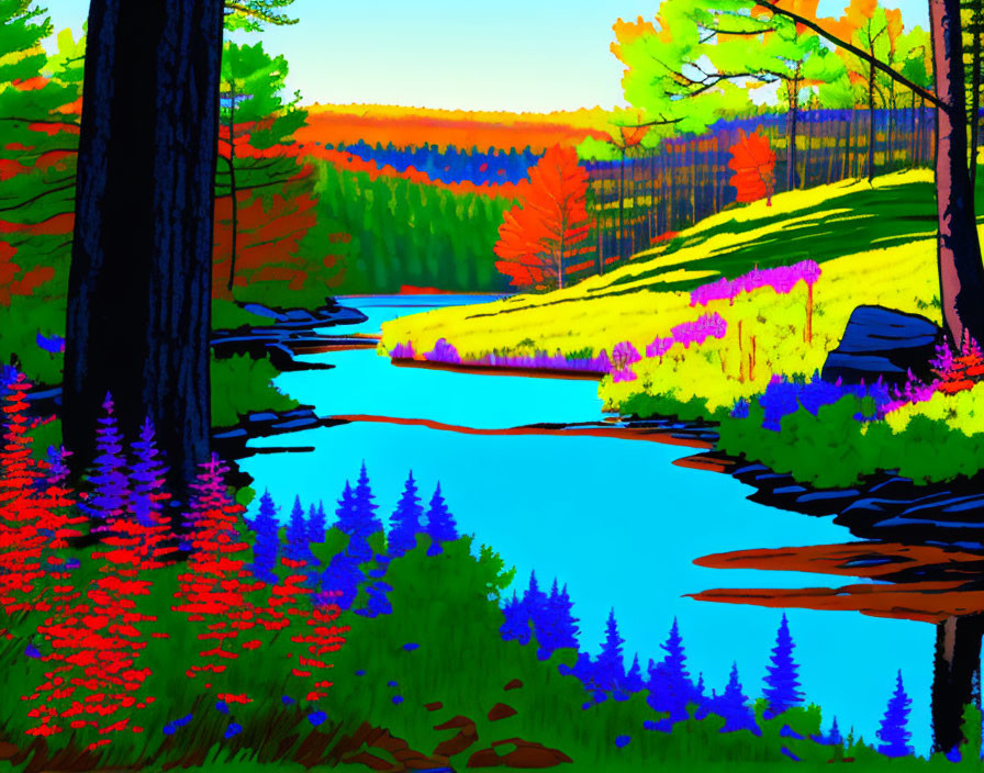 Colorful painting of a river in a vibrant forest