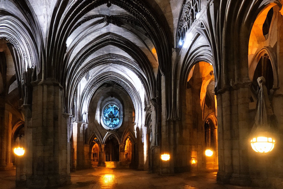 Gothic Cathedral Interior with Arched Ceilings and Stained Glass Window